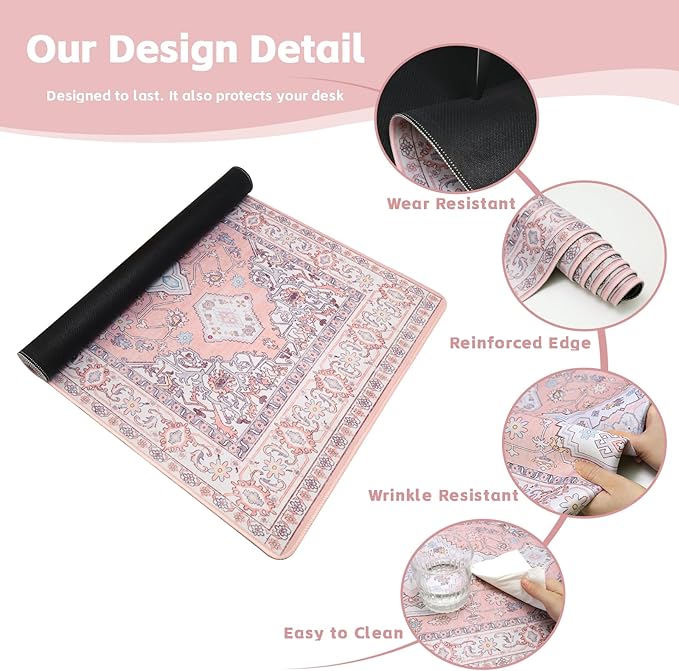 Baziabbo Pink Desk Mat,XXL Extended Large Mouse Pad,Gaming Mousepad with Stitched Edge,Non-Slip Rubber Base Keyboard Desk Pad for Home Office Study Game (Pink)