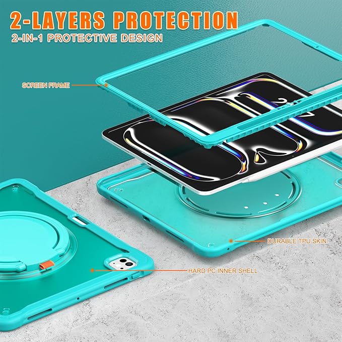 Batianda for iPad Pro 13 inch Case 2025 M5 2024 M4 Chip Lightweight Dual-Layer Protective Tablet Cover, Durable Shock-Absorbing Corners with 360° Rotating Kickstand Ring Built-in Pen Slot, Blue
