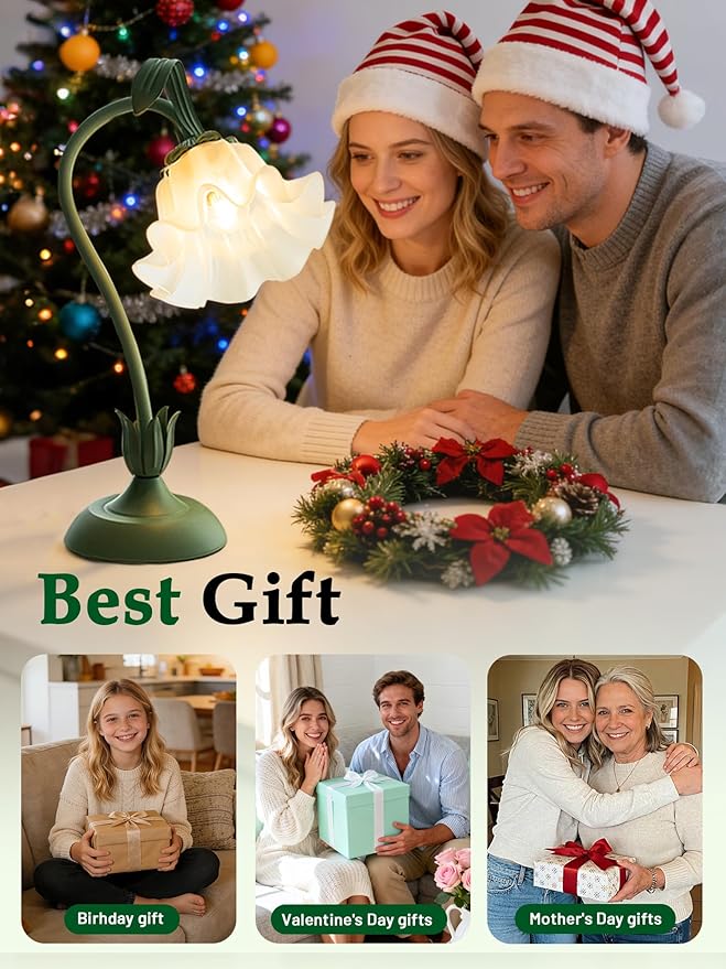 Mothers Day Gifts for Mom, Flower Table Lamp, LED Reading Light 3 Color Modes Bedside Lamps, Vintage Flower Nightstand Lamp Kawaii Table Lamps for Bedroom Living Room Home Decoration(Green lamp)