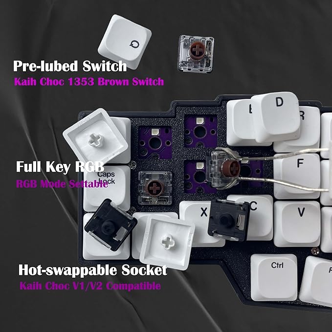 SZRKBD Choc Corne V4.1 Low Profile Split Ergonomic Mechanical Keyboard 40% Layout Wired Hot-Swappable RGB Backlit PBT Keycaps QMK/Vial Programmable for Enthusiasts & Professionals