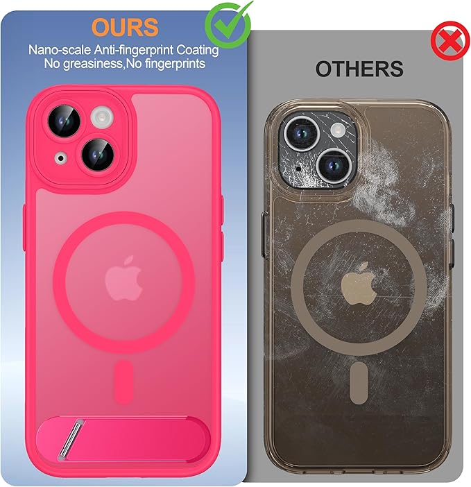 Magnetic Compatible with iPhone 15 Case, [Built-in Invisible Kickstand][Compatible with MagSafe][Full Camera Protection] Translucent Matte Phone Case for iPhone 15 6.1" Hot Pink