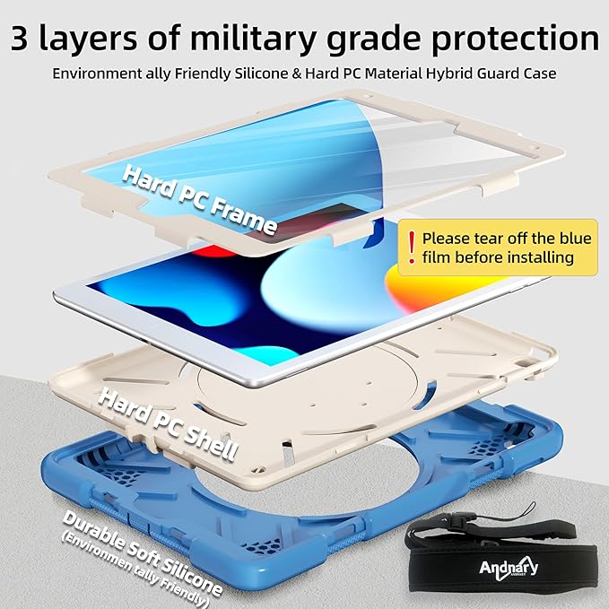 Andnary Case for iPad 9th/8th/7th Generation 10.2 inch, Shockproof Cover with Screen Protector/360° Rotate Stand/Pencil Holder/Shoulder Strap, Kids Case for iPad 2021/2020/2019 (Blue+White)
