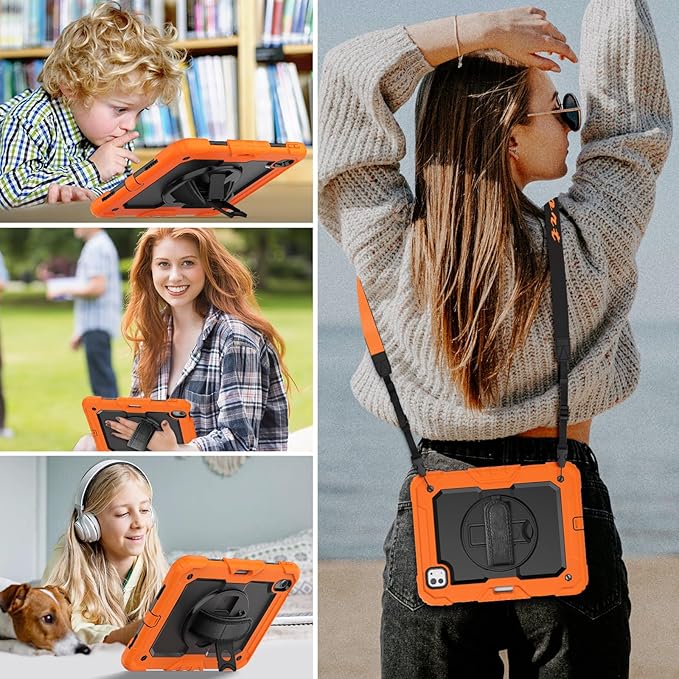 HXCASEAC Rugged Case for iPad Air 11 inch M4 M3 M2 (2026 2025 2024), Heavy Duty Protective Design with Pencil Holder, Screen Protector, Rotating Stand, Hand Strap, for iPad Air 11 Hard Case (Orange)