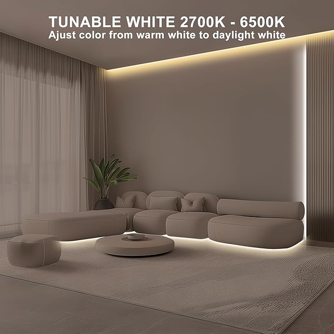 Tatazone 16.4ft Tunable White COB Led Strip Light with RF Remote, CRI93+ Dimmable CCT 2700K-6500K Led Tape Lights, Adhesive High Density Dual Color Led COB Light Strip for Bedroom, Kitchen, Cabinet