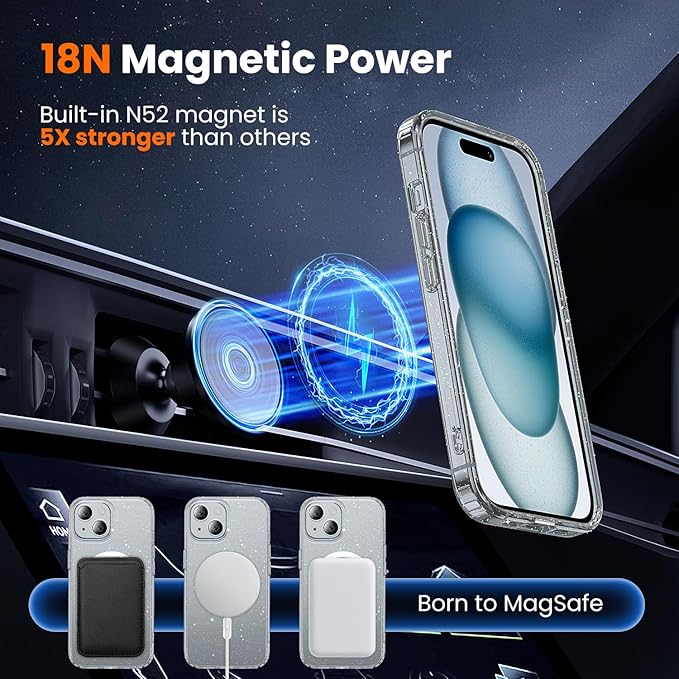 toushion 3 in 1 for iPhone 15 Plus Case Clear with MagSafe, Not Yellowing, Screen Protector*1 Camera Lens Protector*1, Military-Grade Protection for iPhone 15 Plus Phone Case 6.7 inch Clear Glitter