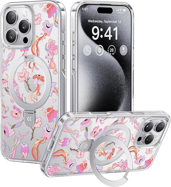 CASEKOO Floral Series [ArtCollab x Leah Han] Floral Jellyfish for iPhone 16 Pro Max Case with Magnetic Ring Stand [Compatible with MagSafe] [Military-Grade Protection] Clear Back, Soft Edge, for Women