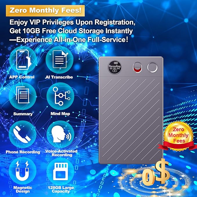2026 Upgraded 128GB（9860 Hours） AI Voice Recorder with APP Control, Transcribe & Summarize, Note Voice Recorder Support DSP Noise Cancellation, Audio Recorder for Lectures, Meetings, Calls, Grey