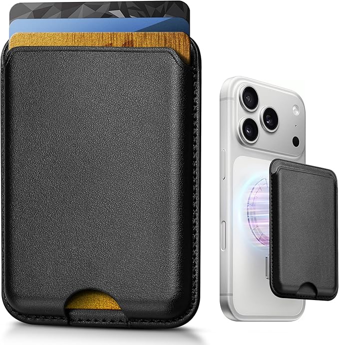 Stronger Magnetic Wallet for iPhone 17/16/15/14/13/12 Series & for MagSafe-compatible Cases, Slim Leather Magnetic Card Holder with RFID Blocking, N52 Magnet Phone Wallet, Fit 3 Cards, Black