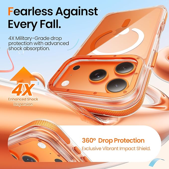 for iPhone 17 Pro Max case [10Ft Military-Grade Protection] Compatible with fit MagSafe Shockproof Slim Thin Cover case for iPhone 17 Pro Max 6.9 inch, Orange Clear