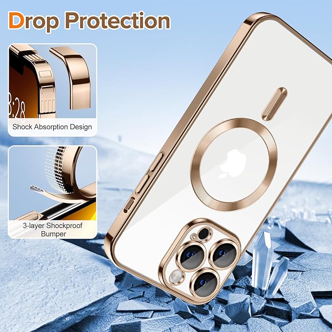 Hython Magnetic Clear for iPhone 13 Pro Case with Camera Lens Protector [Compatible with MagSafe] Luxury Plating Edge Slim Soft TPU Cover Protective Phone Case for iPhone 13 Pro 6.1", Desert Brown