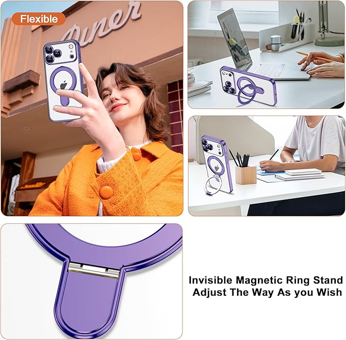 Compatible with iPhone 17 Pro Case with Invisible Magnetic Ring Stand [Compatible with Mag-Safe] [Full Camera Lens Protector] Plating Clear Phone Case for iPhone 17 Pro 6.3", Purple