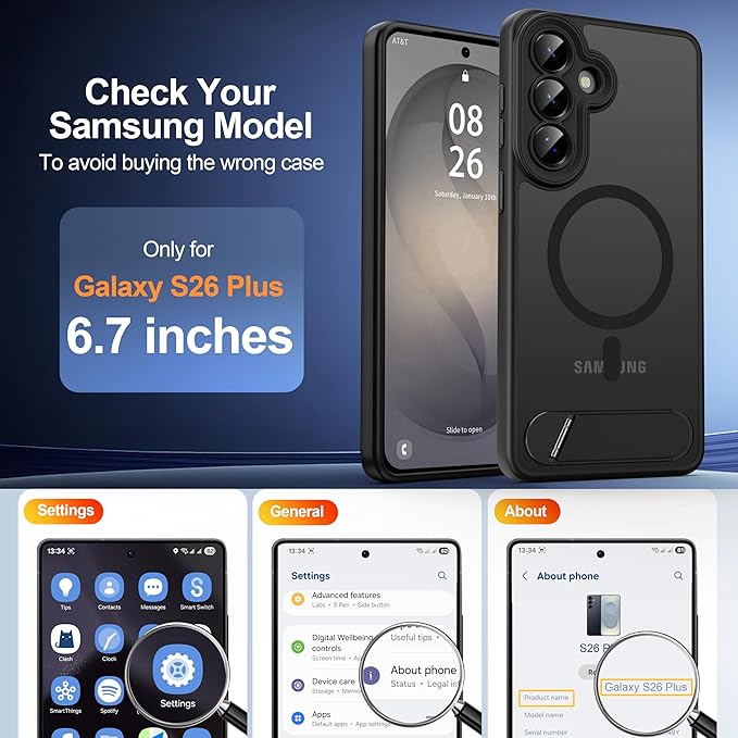 Magnetic for Samsung Galaxy S26+ Plus Case, [Compatible with MagSafe][Full Camera Protection][Built-in Invisible Kickstand] Translucent Matte Phone Case for S26 Plus 6.7" - Black