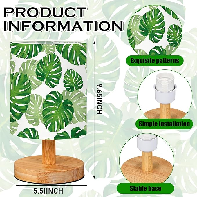 VIHOSE Jungle Animal Table Lamp Bedside Table Lamp Monstera Palm Leaves Vintage Nightstand Light with Linen Fabric Shade Solid Wood Base Decoration for Living Room Bedroom Desk Dorm