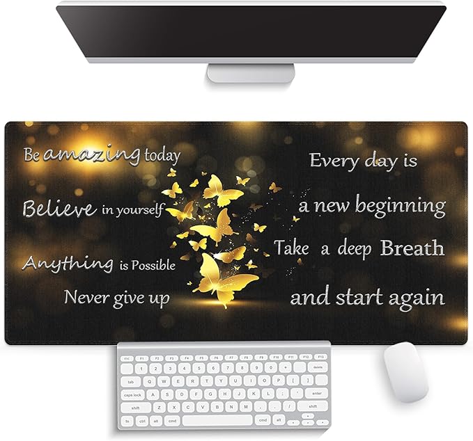 Large Gaming Mouse Pad (31.5" x 15.8")- Inspirational Quotes for a New Beginning Gold Butterflies, Extra XXL Office Accessories, Premium Stitched Anti-Slip Office Desk Mat