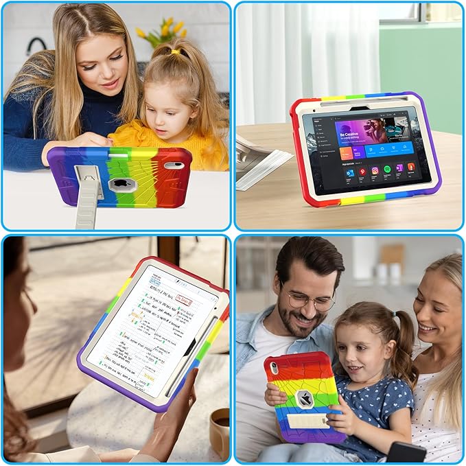 SIBEITU Case for iPad (A16) 11th Gen 11-inch 2025 & iPad 10th Gen 10.9 Inch 2022, Rugged Military Grade Protective Cover Built-in Kickstand & Pencil Holder | Vibrant Rainbow for Young Artists & Kids