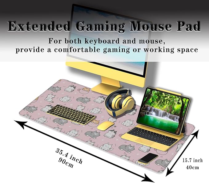 Gaming Mouse Pad Pink, Large Mousepads Computer Desk Mat, XXL Mouse Pad Gaming Non-Slip Rubber Base Waterproof with Stitched Edges, 35.4 X 15.7 inch for Work/Game/Office/Home Cartoon Cat