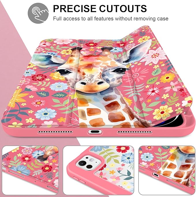 Case for iPad Pro 13 inch (M5) 2025 (M4) 2024 Release Slim Lightweight Cute Hot Pink Cover with Clear Back TPU Edge Pencil Holder Trifold Stand, Giraffe