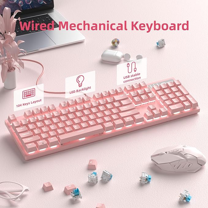 MageGee Pink Gaming Keyboard USB Wired Keyboard, New Mechanical Storm Adjustable Backlight Keyboards Splash-Proof Ideal for PC/Laptop/MAC Game(Pink)