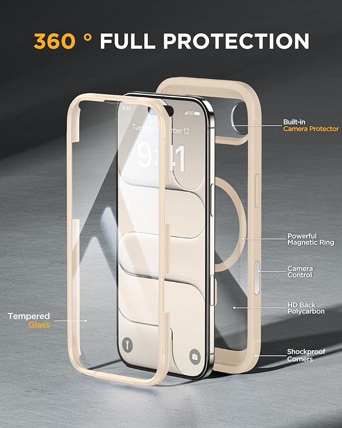 Miracase Magnetic for iPhone Air Case 6.5" [Compatible with MagSafe] Full-Body Phone Case with Built-in Glass Screen Protector & Camera Control,Drop Proof iPhone 17 Air Case Cover, Gold