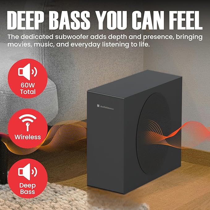 Audiosource 2.1 Soundbar, Wireless Subwoofer w/Dolby Atmos, Bluetooth Streaming for Smart TV and Multi-Devices, Compact Design, 240W Max Output, Remote Control Included, AS201