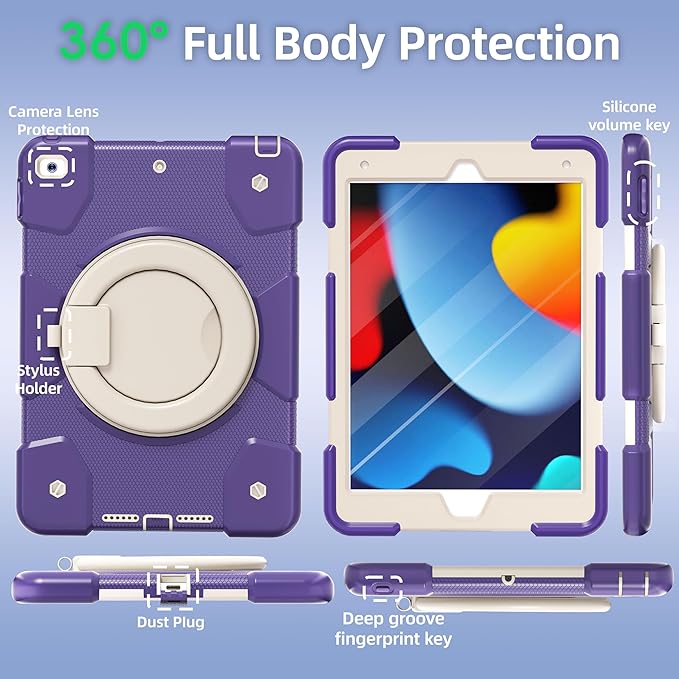 Andnary Case for iPad 9th/8th/7th Generation 10.2 inch, Shockproof Cover with Screen Protector/360° Rotate Stand/Pencil Holder/Shoulder Strap, Kids Case for iPad 2021/2020/2019 (Deep Purple+White)