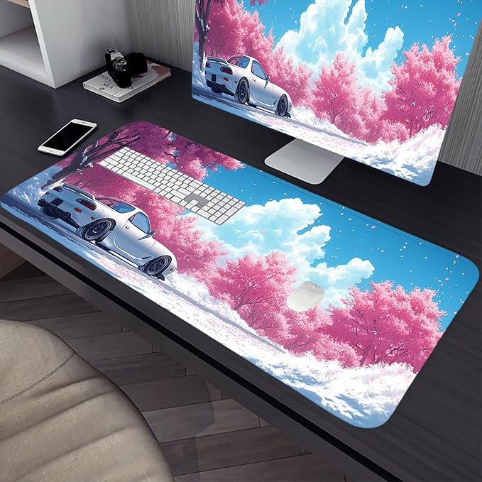 Japanese Anime Desk Pad Mouse Pad Pink Cherry Blossom Trees Car Mousepad XL Large Gaming Mouse Pad Laptop Keyboard Mat Desk Pad 31.5"x11.8" Office Computer Keyboard Laptop Home