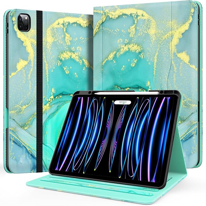 Zonefoker Case for New iPad Pro 12.9 inch 6th/5th/4th/3rd Generation 2022/2021/2020/2018, 12.9'' ipad Pro Leather Folio Protective Cover 6/5/4/3 Gen with Pencil Holder, Auto Wake/Sleep, Marble Green