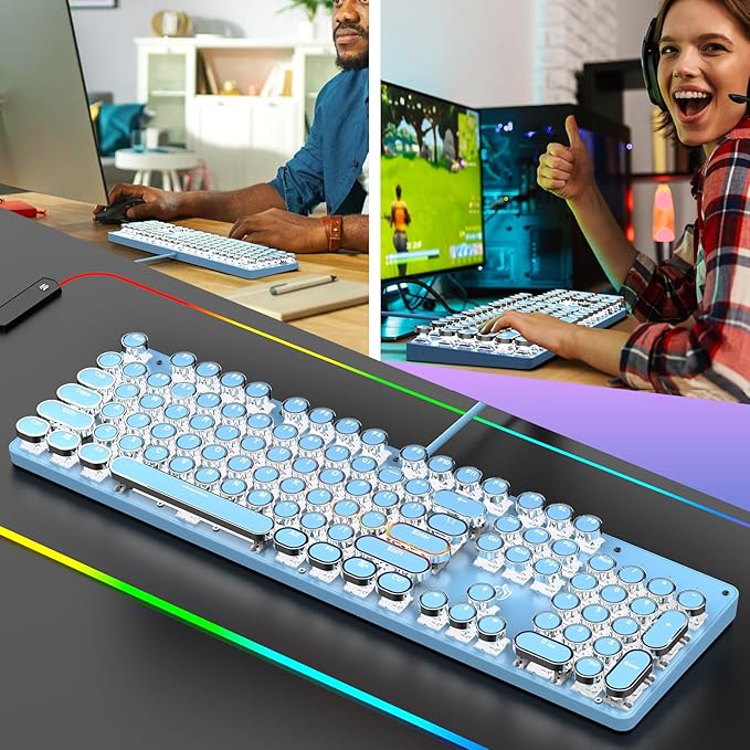 Typewriter Mechanical Gaming Keyboard with RGB Backlit Red Switches, 104 Keys Retro Round Keycap, Wired Typewriter Style Comfortable Typing Soud (Blue)