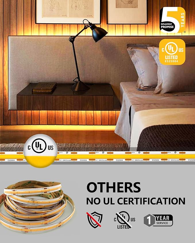 EMITEVER COB LED Strip Lights Warm White, 3000K Tape Light 16.4FT Premium High Density, DC 24V, 300+Lumens/ft,2400LEDs/Spool, Ra 90+, 3W/ft, UL Listed 5 Year Warranty (Power Supply Sold Separately)