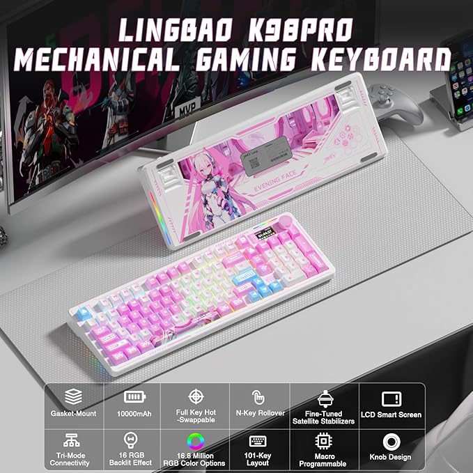 LINGBAO K98 PRO Anime Mechanical Keyboard Wireless, with Screen & Knob,RGB Gaming Keyboard, Tri-Mode BT5.0/2.4GHz/USB-C, Gasket Mount Hot Swappable Linear Switches Gamer Keyboards for PC/Mac/Android