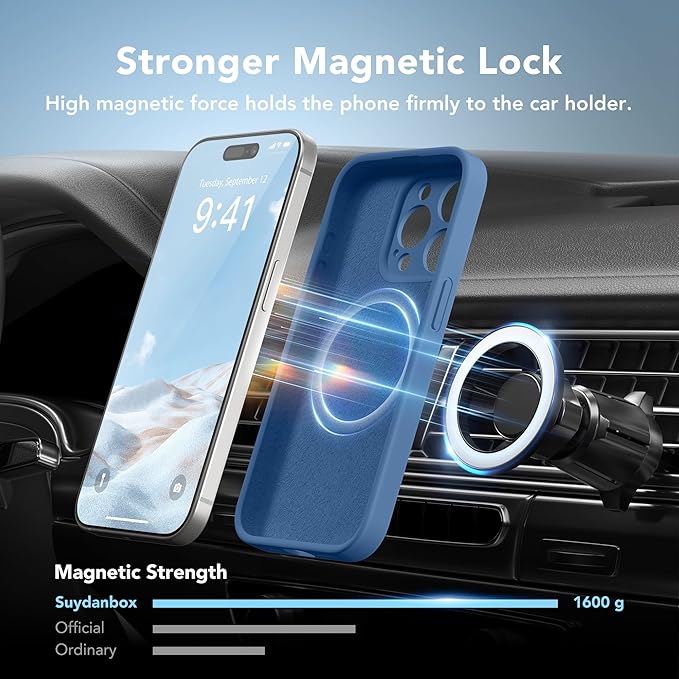 Magnetic for iPhone 15 Pro Max Case, Compatible with MagSafe, [Full Camera Protection][Screen Protector] Silicone Shockproof Protective Phone Case for iPhone 15 Pro Max 6.7", Lake Blue