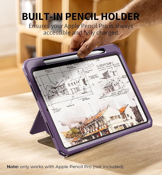 Dexnor for iPad Pro 11 inch Case M5 2025/M4 2024, Rugged Protective Case with 360° Rotating Hand Strap & Large Steady Stand & Screen Protector & Pencil Holder Shockproof Full-Body Bumper Cover, Purple