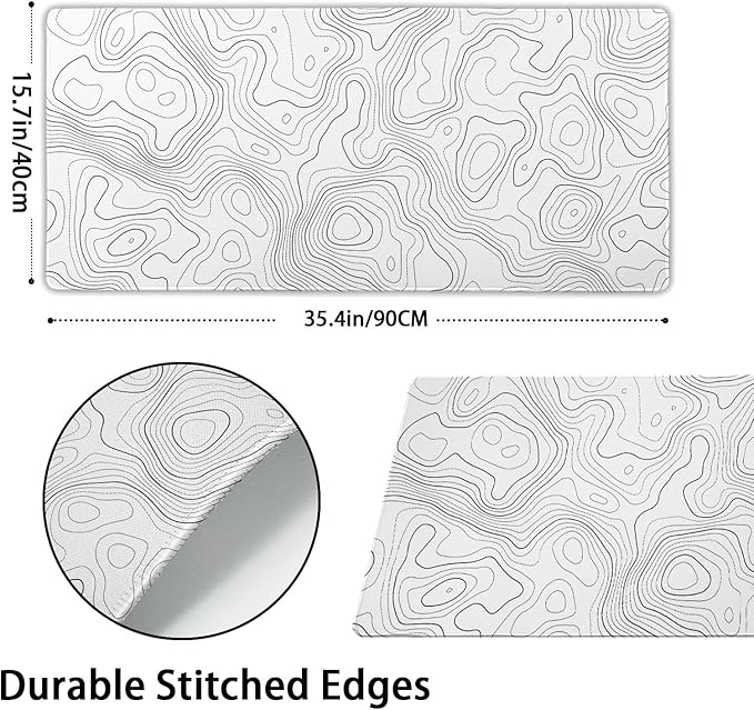 Topographic Map Large Mouse Pad XXL White Lines Contour Geographic Extended Desk Mat Big 90X40 CM Non-Slip Rubber Base Stitched Edge Long Mousepad,35.4 x 15.7 Inch