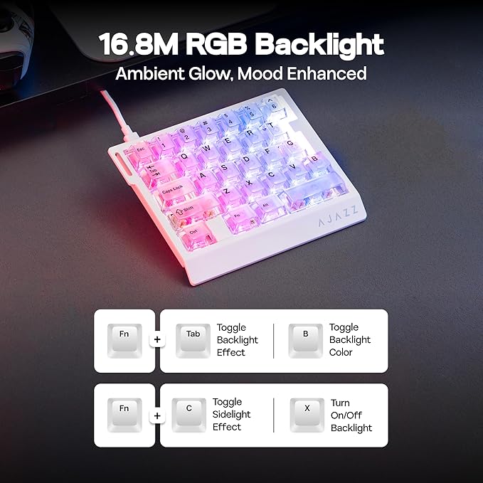 MechLands AJAZZ AK029 One Handed Gaming Keyboard, 8Khz Polling, 29 Keys Rapid Fast Wired Keyboard, SOCD & DKS, Magnetic Switch, Adjustable Actuation, RGB Backlits, Aluminum Plate (White Transparent)