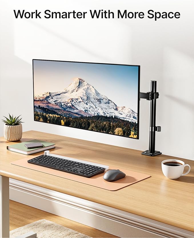 monTEK Extra-Long Single Monitor Mount for 17-32 inches Screen, Fully Adjustable Articulating Desk Monitor Stand up to 22lbs Capacity, Computer Mount with C Clamp and Grommet Base, Max VESA 100x100mm