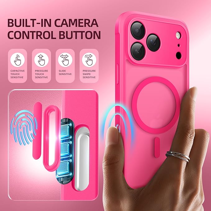 BERFY for iPhone 17 Pro Case, Compatible with MagSafe, Built-in Glass Screen Protector, Camera Protection, Shockproof Full Body Phone case 6.3", Translucent Hot Pink