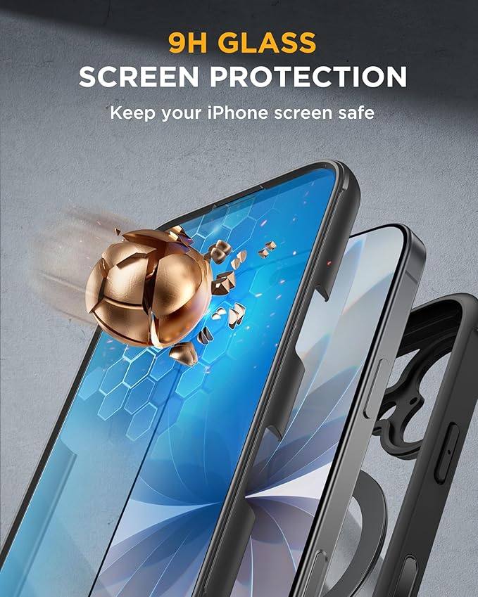 Miracase for iPhone 17 Case with 360° Magnetic Ring Stand [Compatible with Magsafe] Full-Body Drop Proof Bumper Phone Case with Built-in 9H Tempered Glass Screen Protector,Black