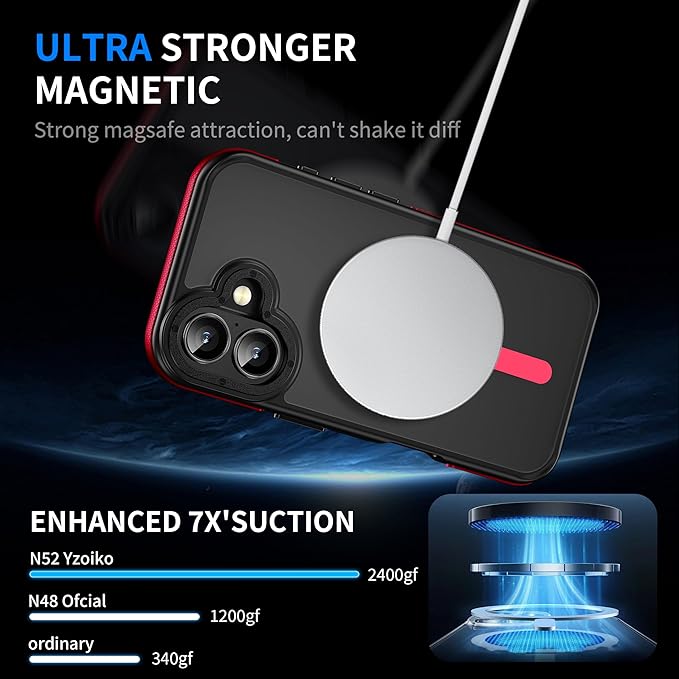 Strong Magnetic Case for iPhone 16 [5X Military-Grade Protection] Compatible with fit MagSafe Shockproof Slim Thin Cover 6.1 inch 16 Phone case, Red Bumper