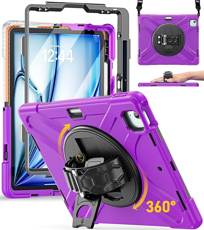 BRAECN Case for iPad Air 13 Inch 2026(M4)/2025(M3)/2024(M2) & iPad Pro 12.9''(2022/2021/2020/2018), Full-Body Protection Screen Protector Pencil Holder 360° Rotating Handle Kicktand Kids Friendly