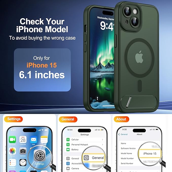 Magnetic Compatible with iPhone 15 Case, [Built-in Invisible Kickstand][Compatible with MagSafe][Full Camera Protection] Translucent Matte Phone Case for iPhone 15 6.1" Dark Green