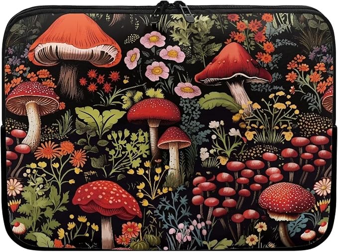 Mushroom Laptop Protective Sleeve for Women Men 10 inch Flower Computer Sleeve Neoprene Laptop Bag Lightweight Lap Top Case Suitable for Travel School Office Organizers Black