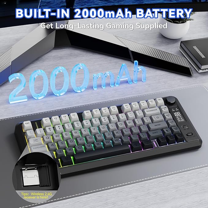 ZIYOU LANG M75 Wireless Gaming Keyboard, RGB Backlit Rechargeable 2000mAh Battery, Small Membrane But Mechanical Feel Keyboard with Smart Display & Knob, PBT Gradient keycaps for PC, MAC-Moonlit Night