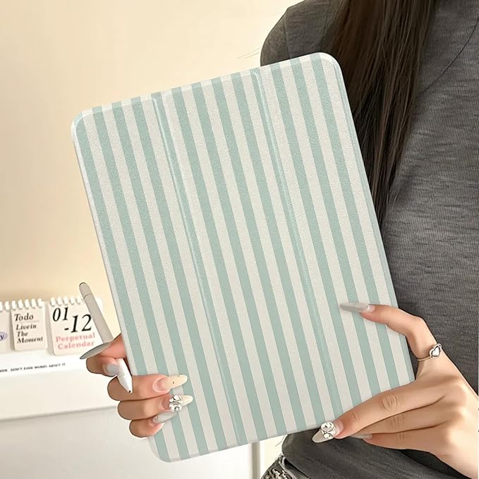 Lovmooful Compatible for iPad Pro 12.9-Inch 2022/2021/2020/2018 (6th/5th/4th/3rd Generation) Case with Pencil Holder Cute Striped with Aesthetic Design Soft TPU Trifold Stand Protective-Green