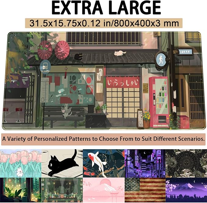 Cat Cafe Desk Mat Cute Anime Mouse Pads, Kawaii Desk Pad Large Gaming Mousepad XXL 31.5x15.75 in, Japanese Street Aesthetic Keyboard Mat Pad, Laptop Computer Desktop Decor Mat for Women Office