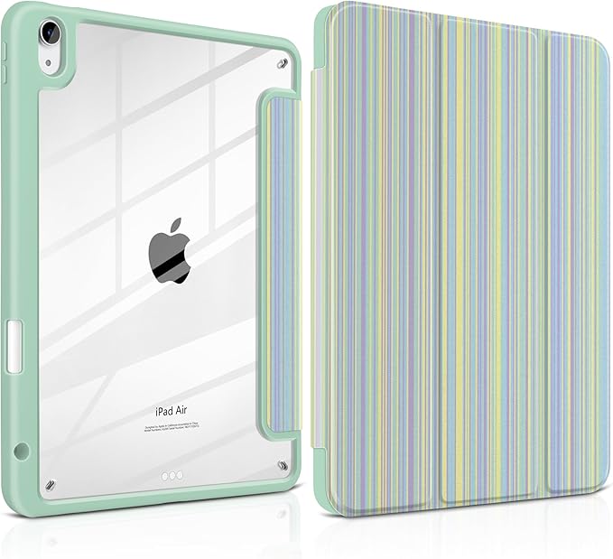 Case for iPad Air 11 inch M4 2026 M3 2025 M2 2024 Release with Pencil Holder - Aesthetic Cute Preppy Design Trifold Cover with Soft TPU Bumper Clear Back Auto Sleep/Wake for Girls, Lines Green