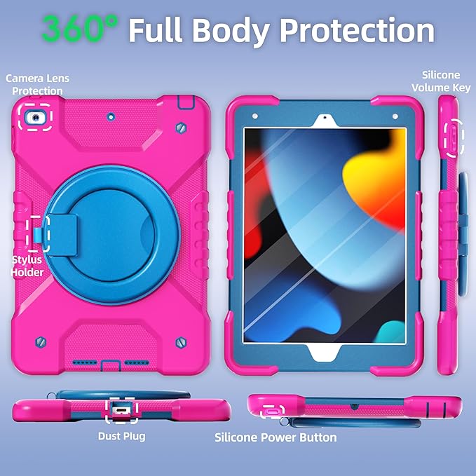 Andnary Case for iPad 9th/8th/7th Generation 10.2 inch, Shockproof Cover with Screen Protector/360° Rotating Handle/Bracket/Pen Holder/Shoulder Strap, Kids Case for iPad 2021/2020/2019 (Pink+Blue)