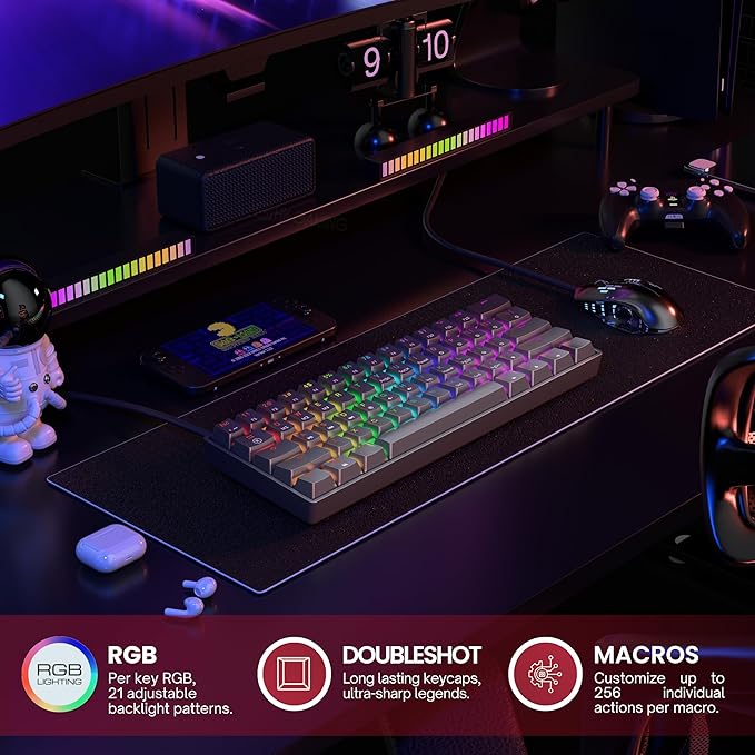 GK61 Mechanical Gaming Keyboard - 61 Keys Multi Color RGB Illuminated LED Backlit Wired Programmable for PC/Mac Gamer (Gateron Optical Red, Black)