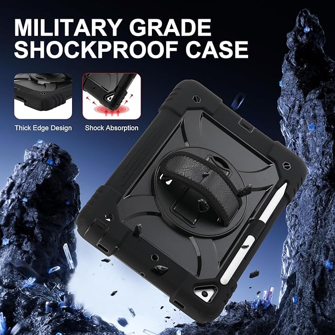 for iPad 6th Generation/iPad 5th Gen/iPad Air 2/iPad Pro 9.7" Case with Cute Key Chain, Rugged Protective Case with Rotating Stand & Shoulder Hand Strap for iPad 6th/5th/ Air 2 (Black)