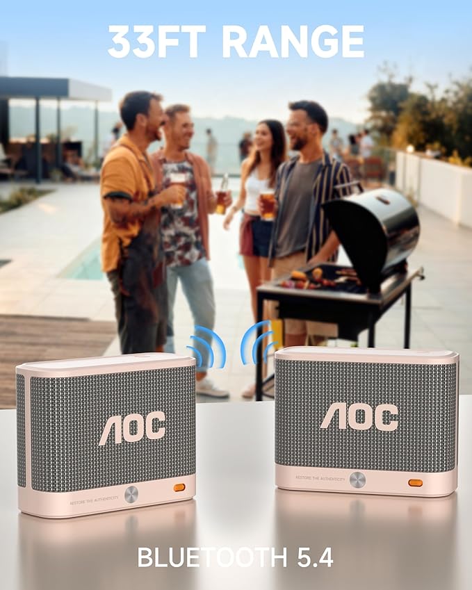 AOC Portable Bluetooth Speaker, Shower Speaker, BT 5.4 with Wireless Stereo Pairing, BassUp, IP65 Waterproof, Dustproof, 30-Hour Playtime, Compact Small for Home, Outdoors, Travel, White