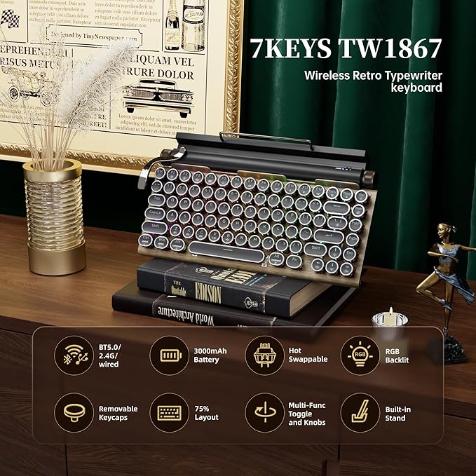 7KEYS Typewriter Keyboard Wireless Retro Style, Vintage Classical Mechanical Keyboard with Bluetooth for IPAD PC/Laptop Mac/Phone (Wood+Wrist)